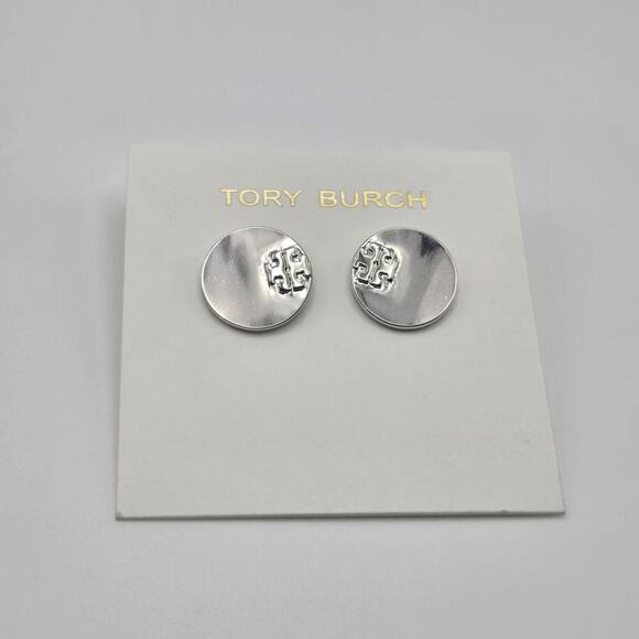 NEW Tory Burch Serif Stripe Disc Stud Earrings Silver Double T Logo - Picture 3 of 5